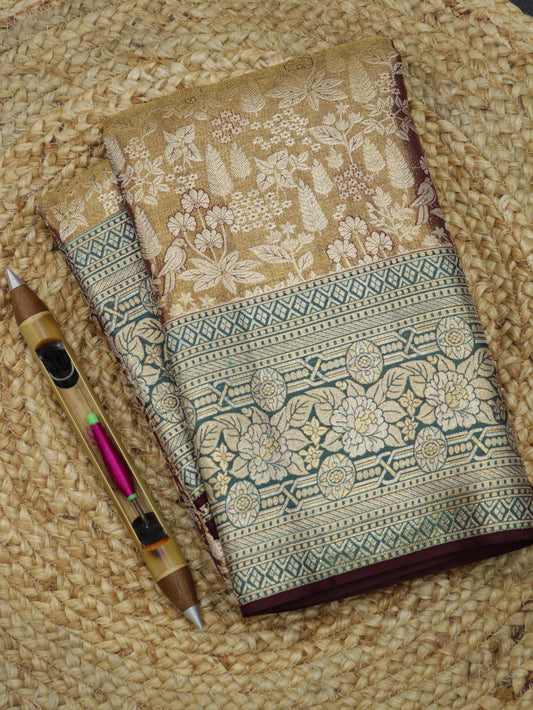 Kanchipuram Pure Silk Saree Brown with Teal Korvai Border | Designer Bridal Traditional Saree