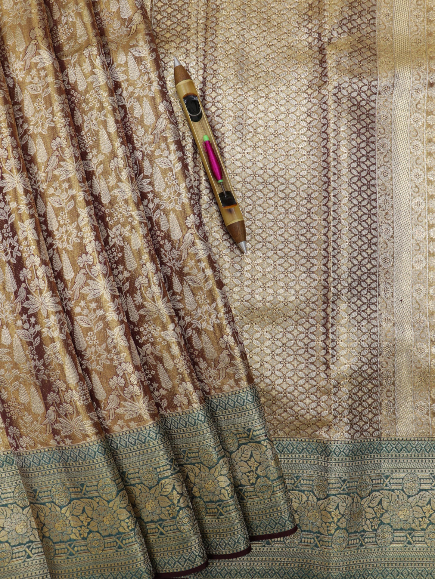 Kanchipuram Pure Silk Saree Brown with Teal Korvai Border | Designer Bridal Traditional Saree