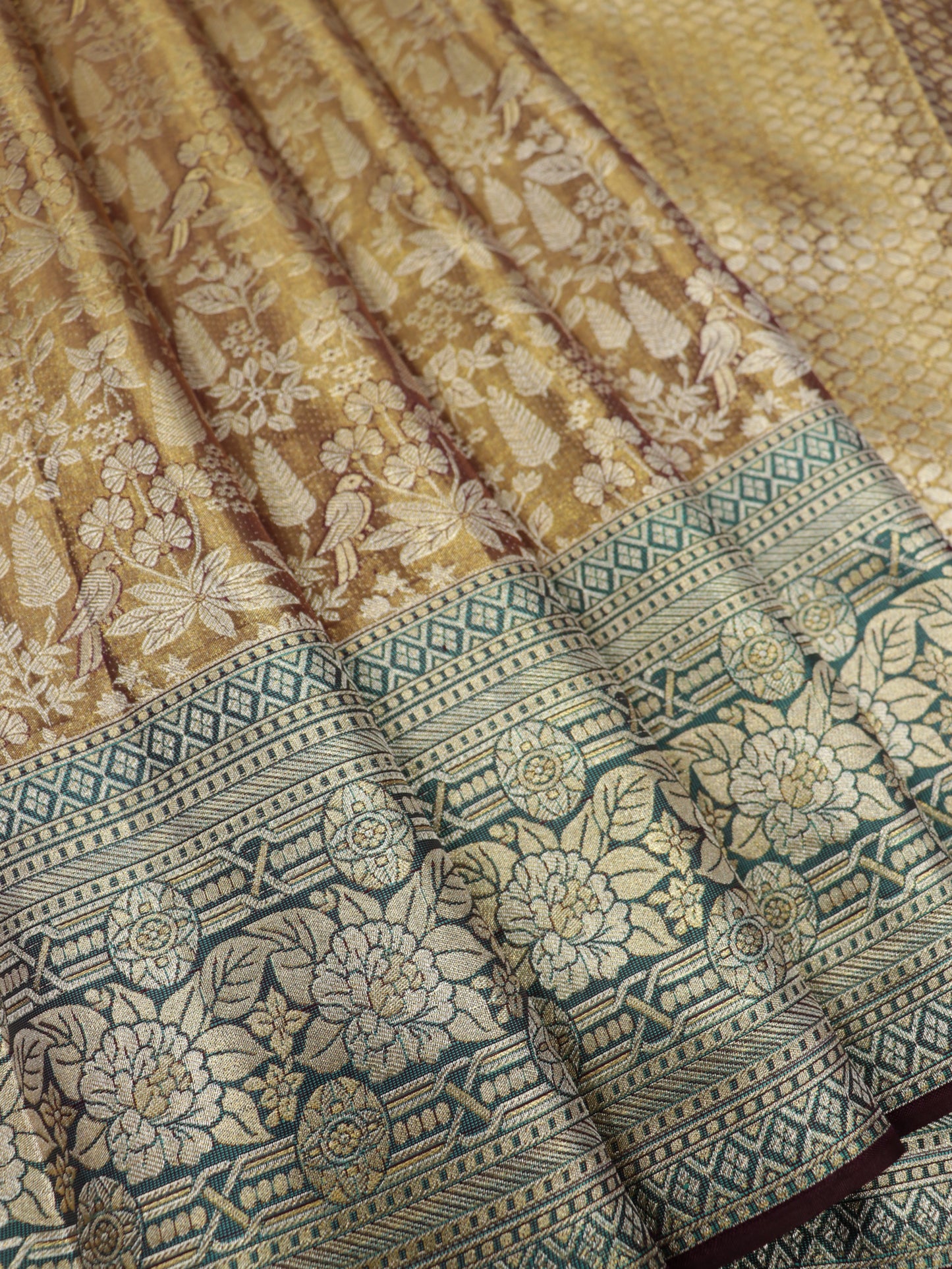 Kanchipuram Pure Silk Saree Brown with Teal Korvai Border | Designer Bridal Traditional Saree