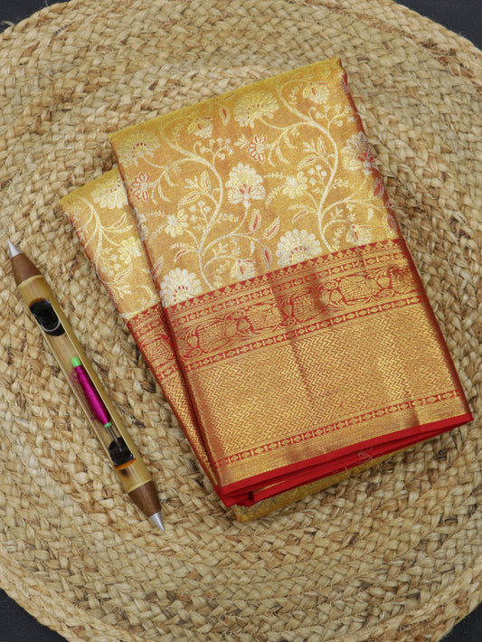 Kanchipuram Pure Silk Saree Mustard Gold and Rust Orange with Red Korvai Border | Bridal Saree