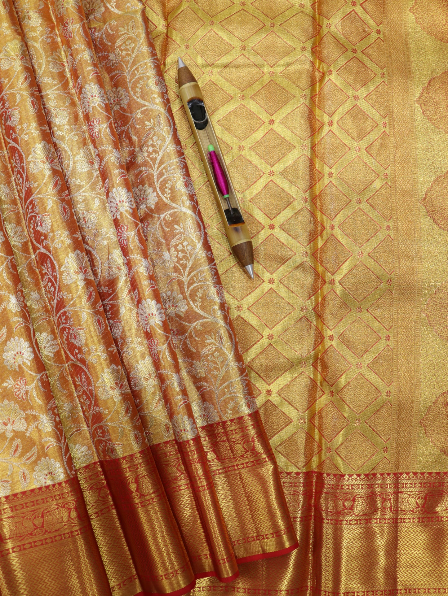 Kanchipuram Pure Silk Saree Mustard Gold and Rust Orange with Red Korvai Border | Bridal Saree
