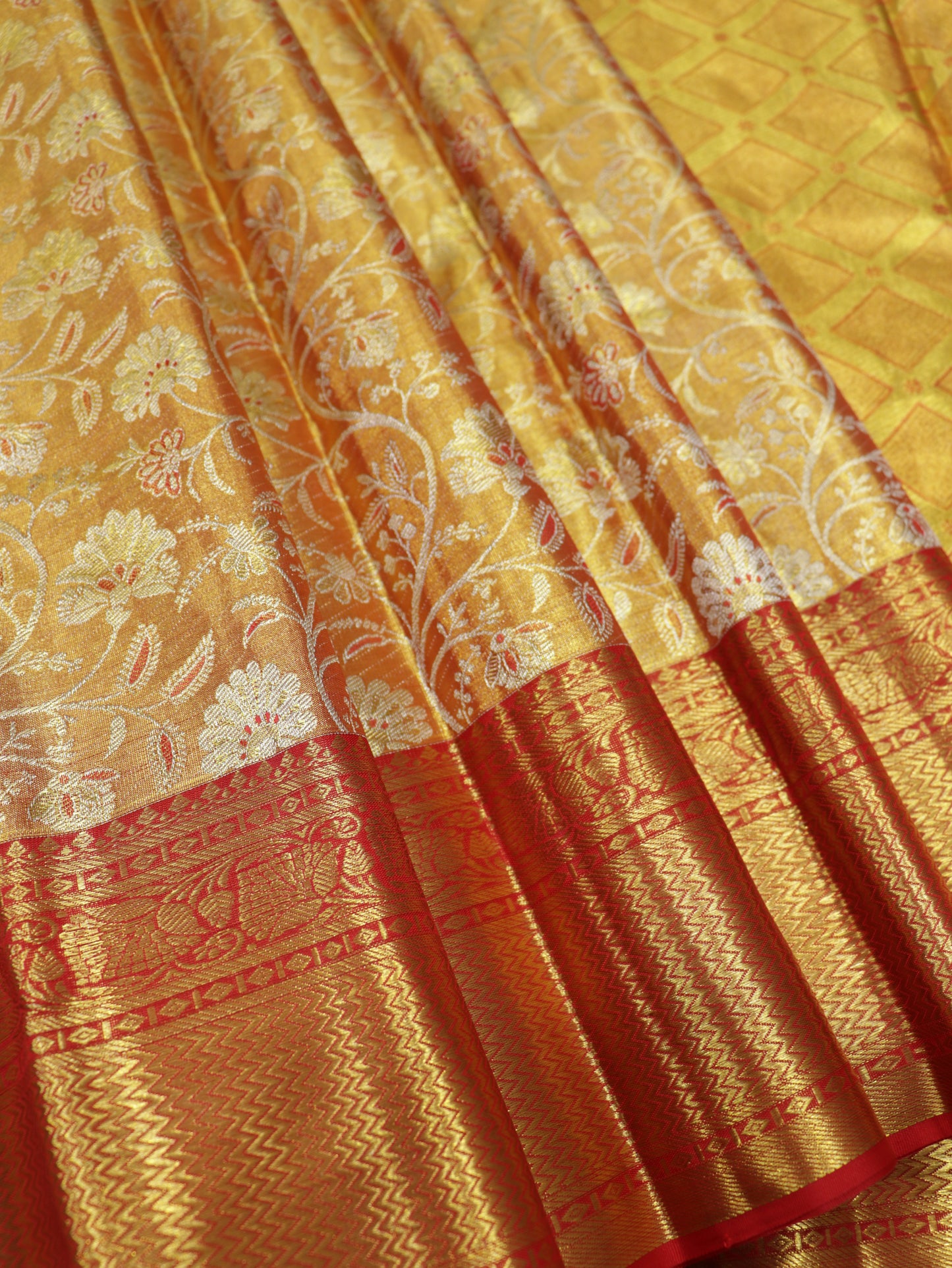 Kanchipuram Pure Silk Saree Mustard Gold and Rust Orange with Red Korvai Border | Bridal Saree