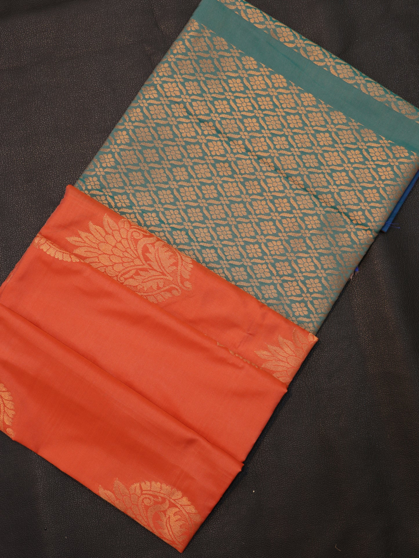 Semi Soft Silk Saree  Coral Orange  Teal Green with Border | Traditional Designer Saree
