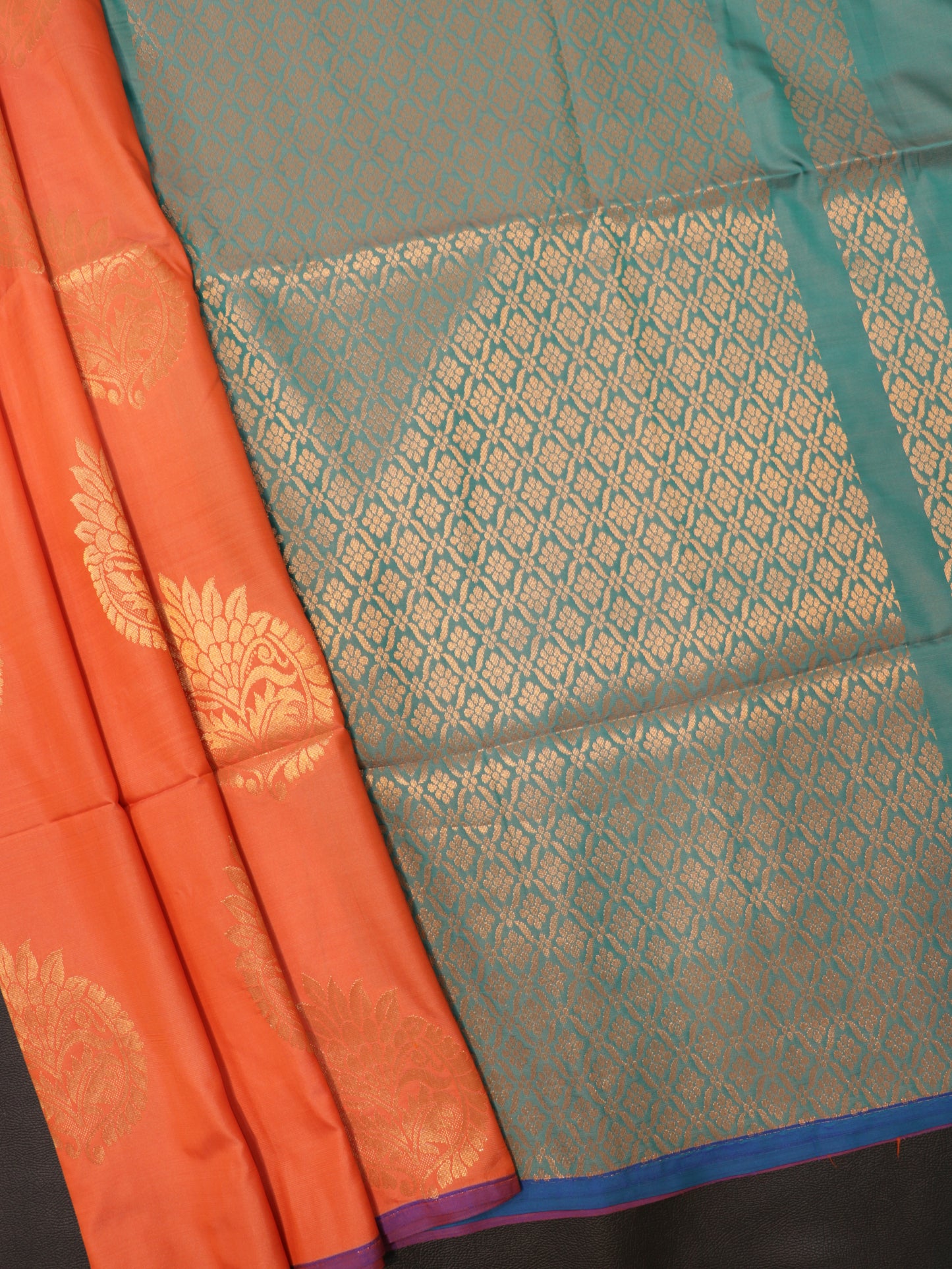 Semi Soft Silk Saree  Coral Orange  Teal Green with Border | Traditional Designer Saree