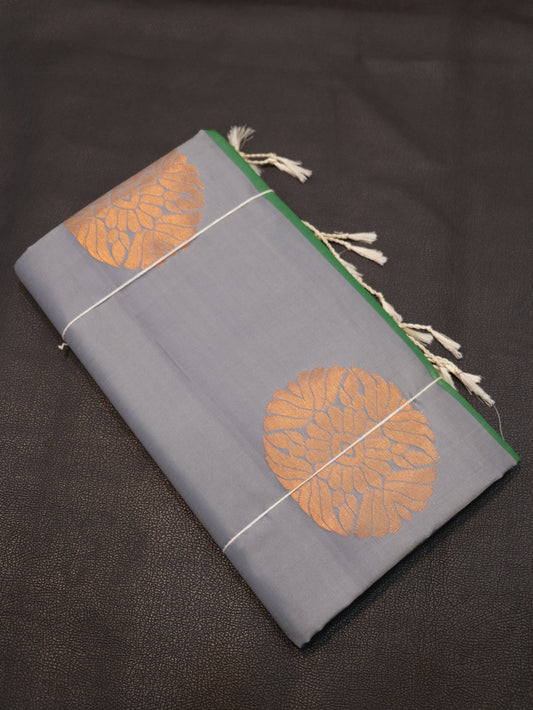 Semi Soft Silk Saree in  Grey with Green Zari Pallu | Traditional Designer Saree