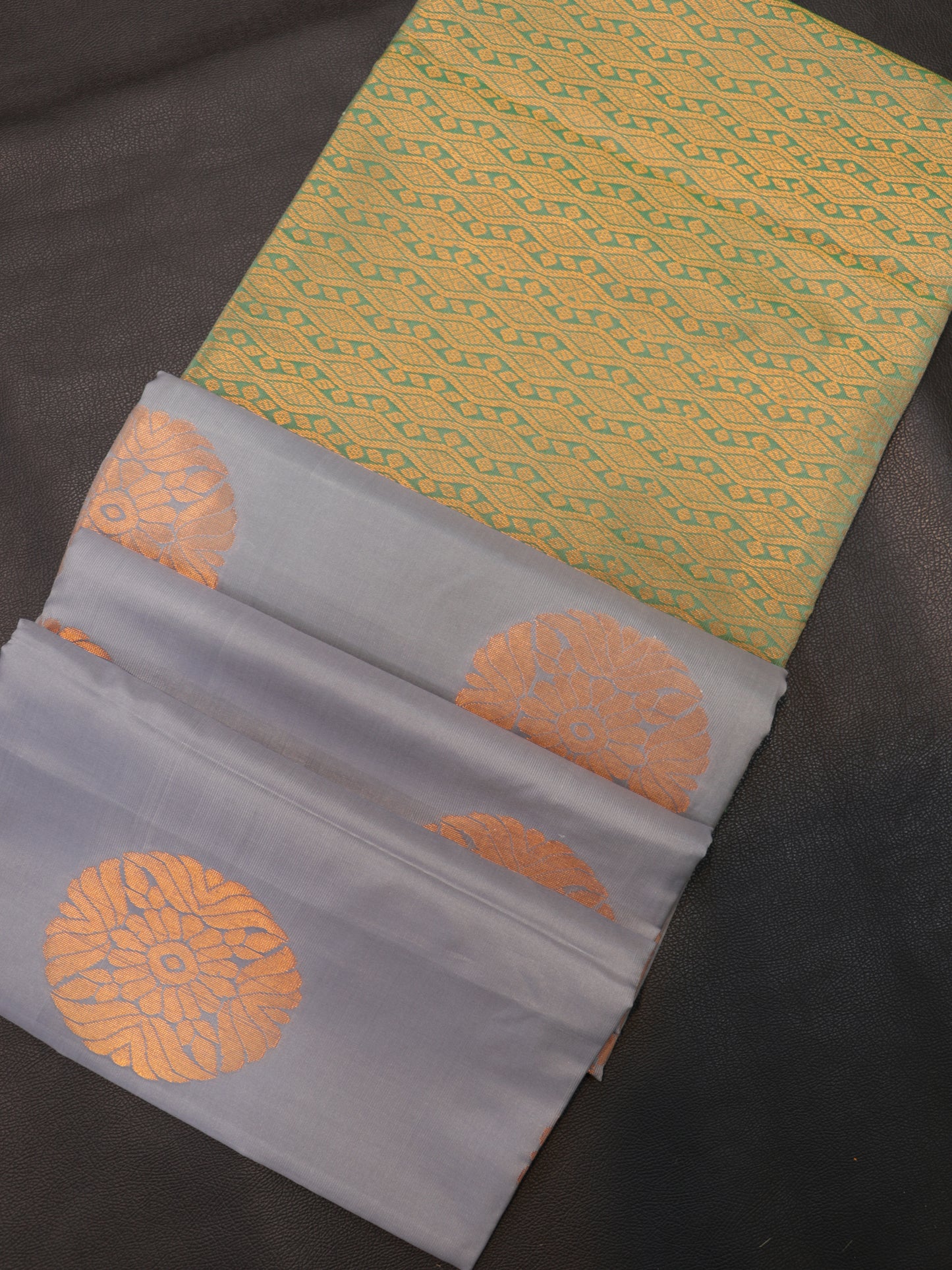 Semi Soft Silk Saree in  Grey with Green Zari Pallu | Traditional Designer Saree