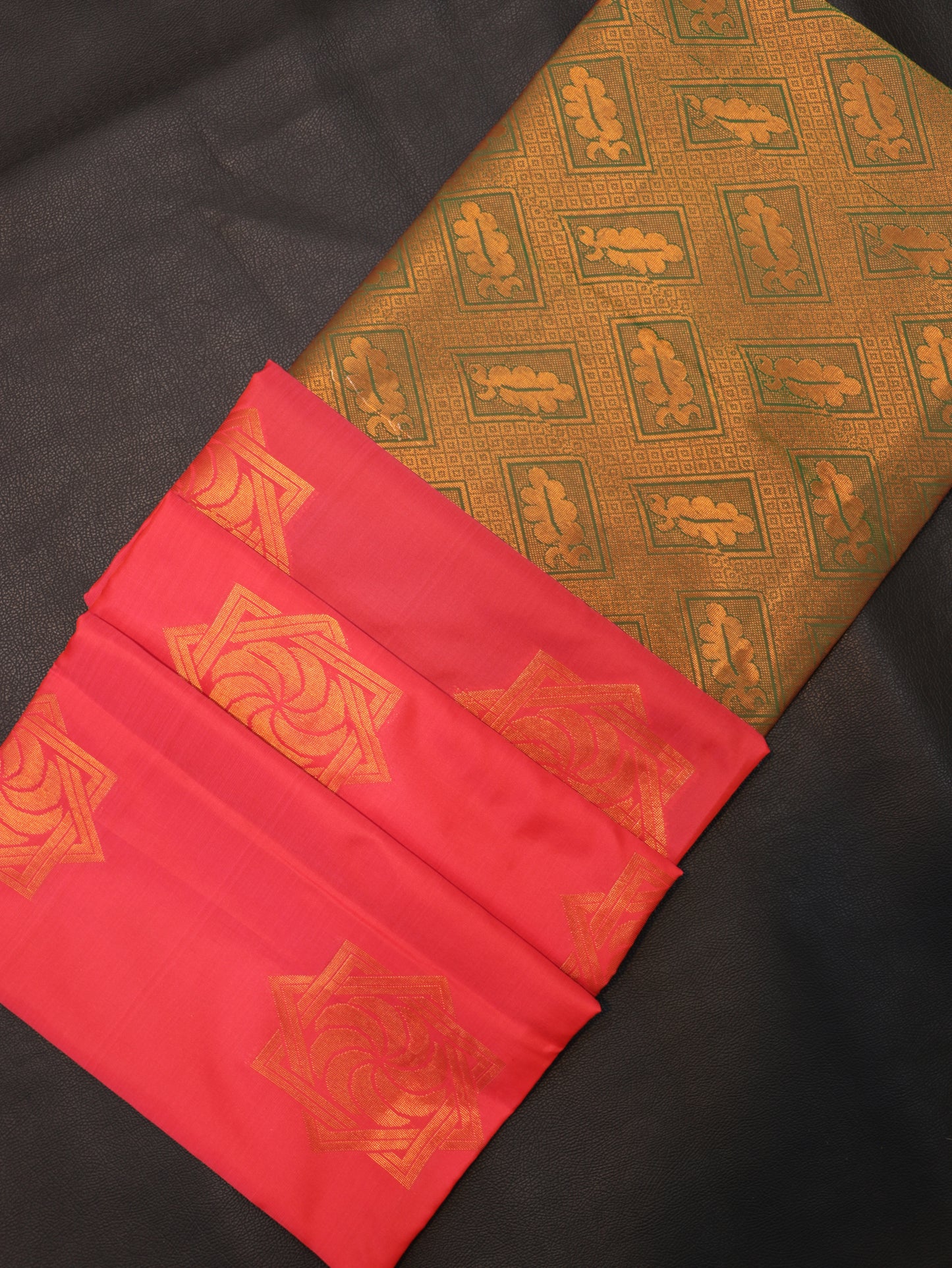 Grand Rani Pink Semi Soft Silk Saree with Antique Gold Designer Pallu & Geometric Zari Motifs