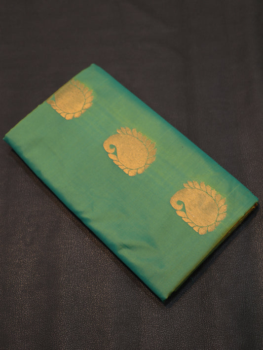 Elegant Turquoise Green Semi Soft Silk Saree with Antique Gold Zari Pallu & Paisley Buttas