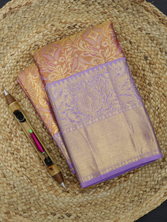 Kanchipuram Pure Silk Saree Coral Red with Lavender Korvai Border | Bridal Traditional Saree