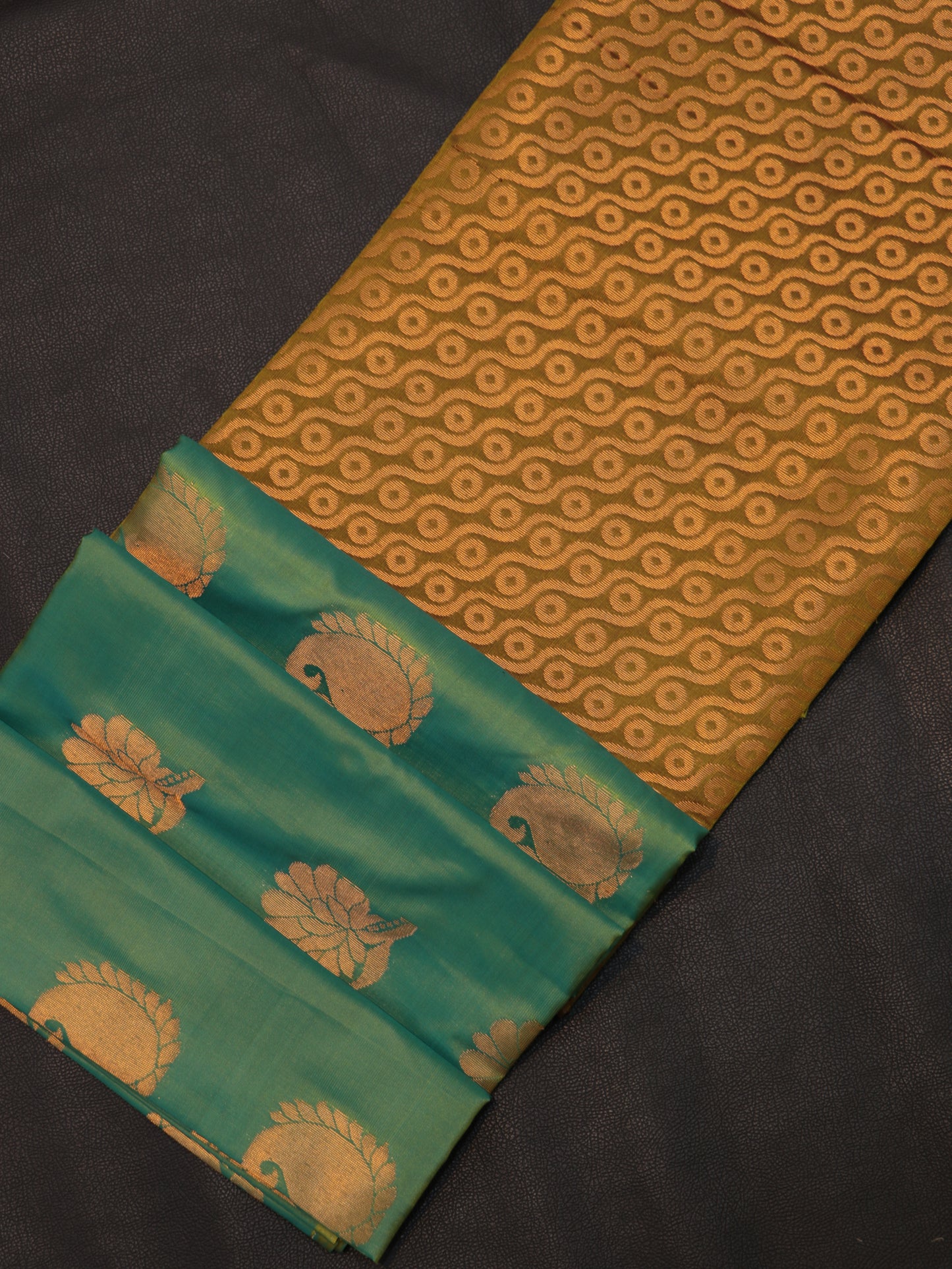 Elegant Turquoise Green Semi Soft Silk Saree with Antique Gold Zari Pallu & Paisley Buttas