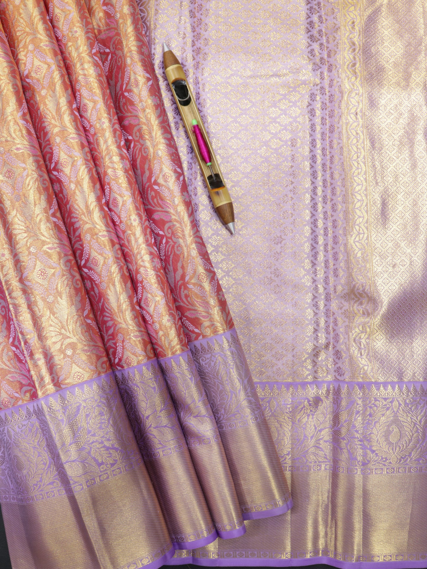 Kanchipuram Pure Silk Saree Coral Red with Lavender Korvai Border | Bridal Traditional Saree