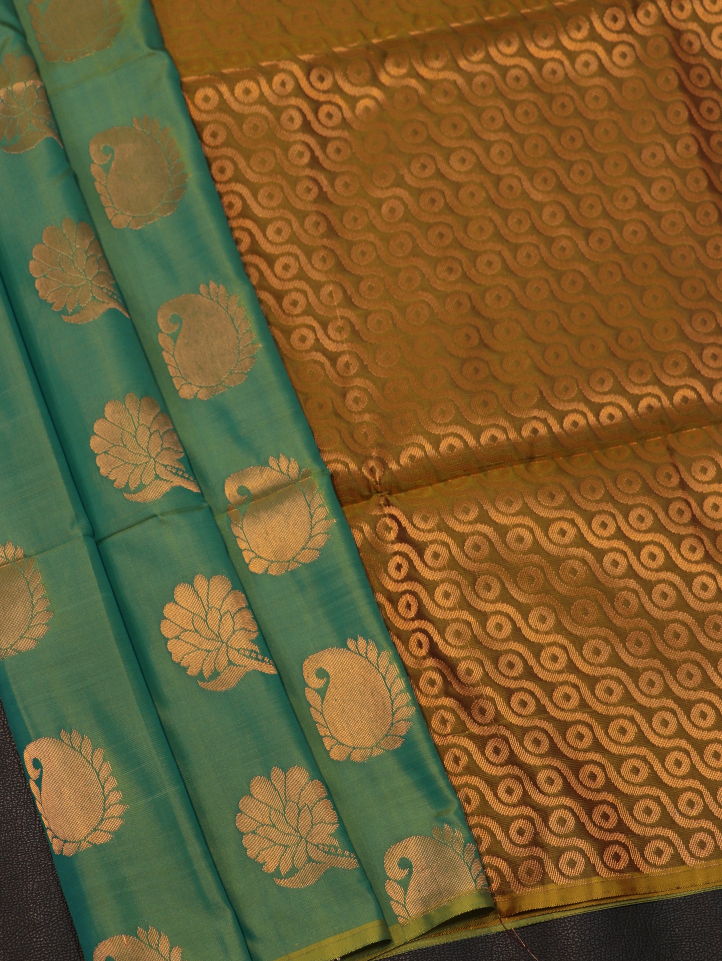 Elegant Turquoise Green Semi Soft Silk Saree with Antique Gold Zari Pallu & Paisley Buttas