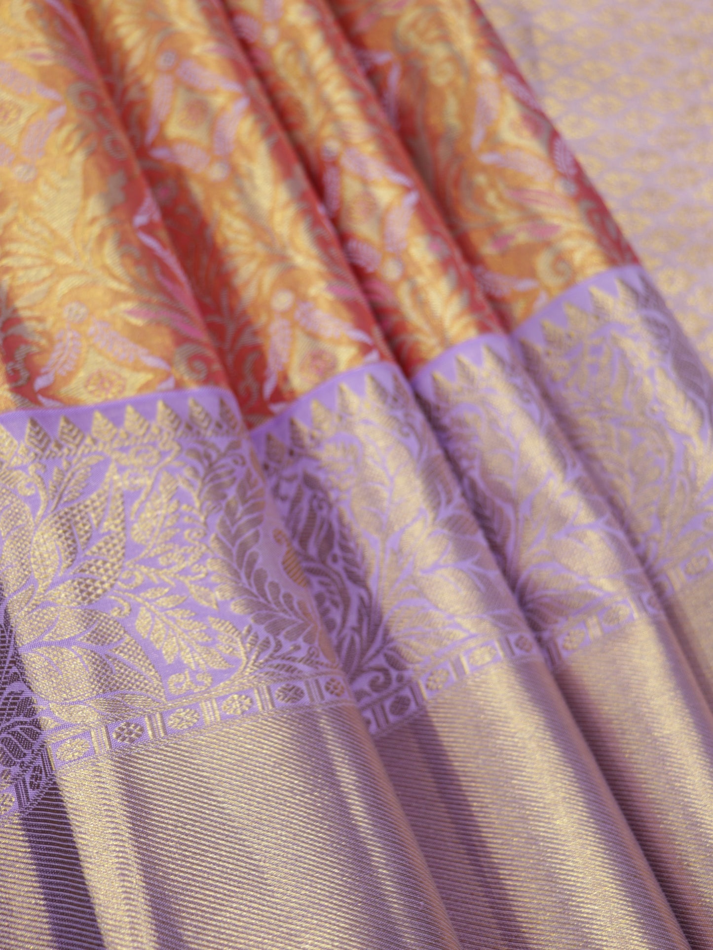 Kanchipuram Pure Silk Saree Coral Red with Lavender Korvai Border | Bridal Traditional Saree
