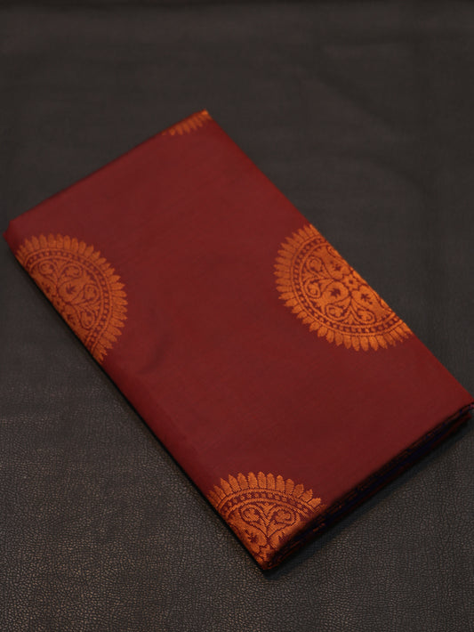 Royal Wine Maroon Semi Soft Silk Saree with Contrast Blue Zari Pallu & Traditional Buttas