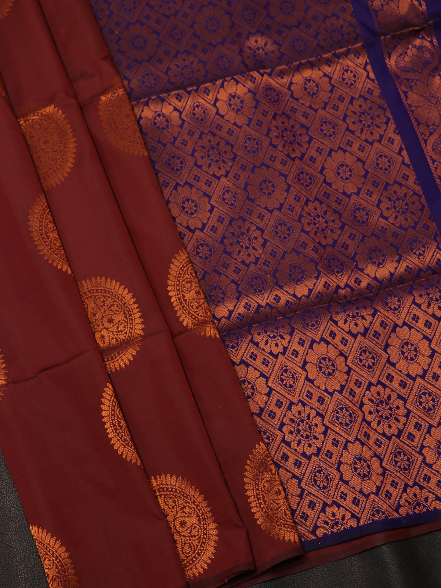 Royal Wine Maroon Semi Soft Silk Saree with Contrast Blue Zari Pallu & Traditional Buttas