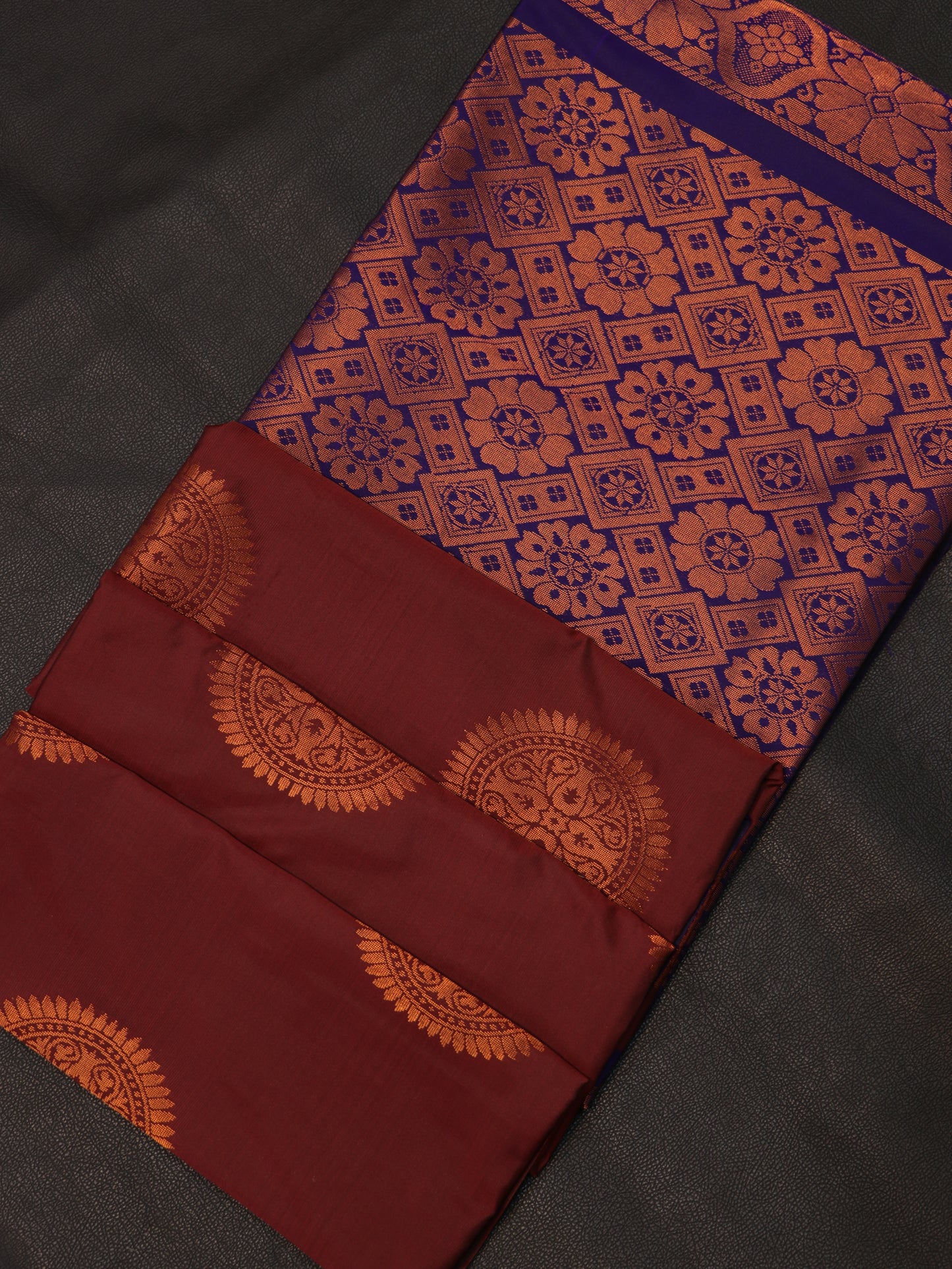 Royal Wine Maroon Semi Soft Silk Saree with Contrast Blue Zari Pallu & Traditional Buttas