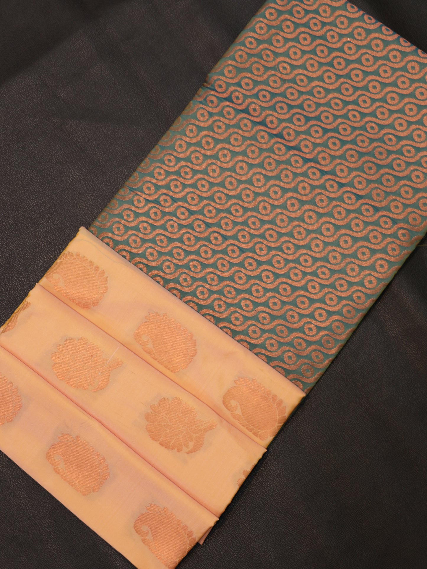 Luxury Pastel Peach Semi Soft Silk Saree with Teal Green Designer Zari Pallu & Paisley Buttas
