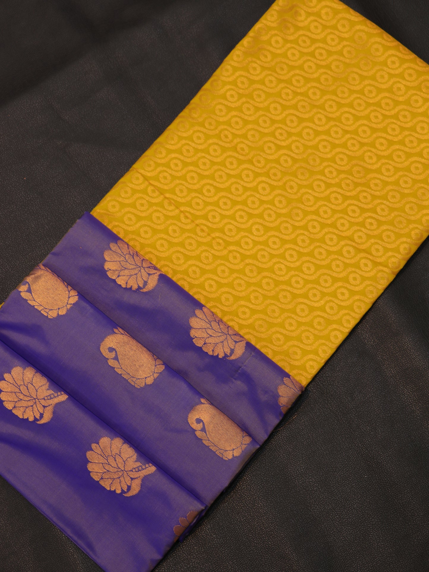 Majestic Purple Semi Soft Silk Saree Mustard Yellow with Contrast Border & Zari Paisley Motifs
