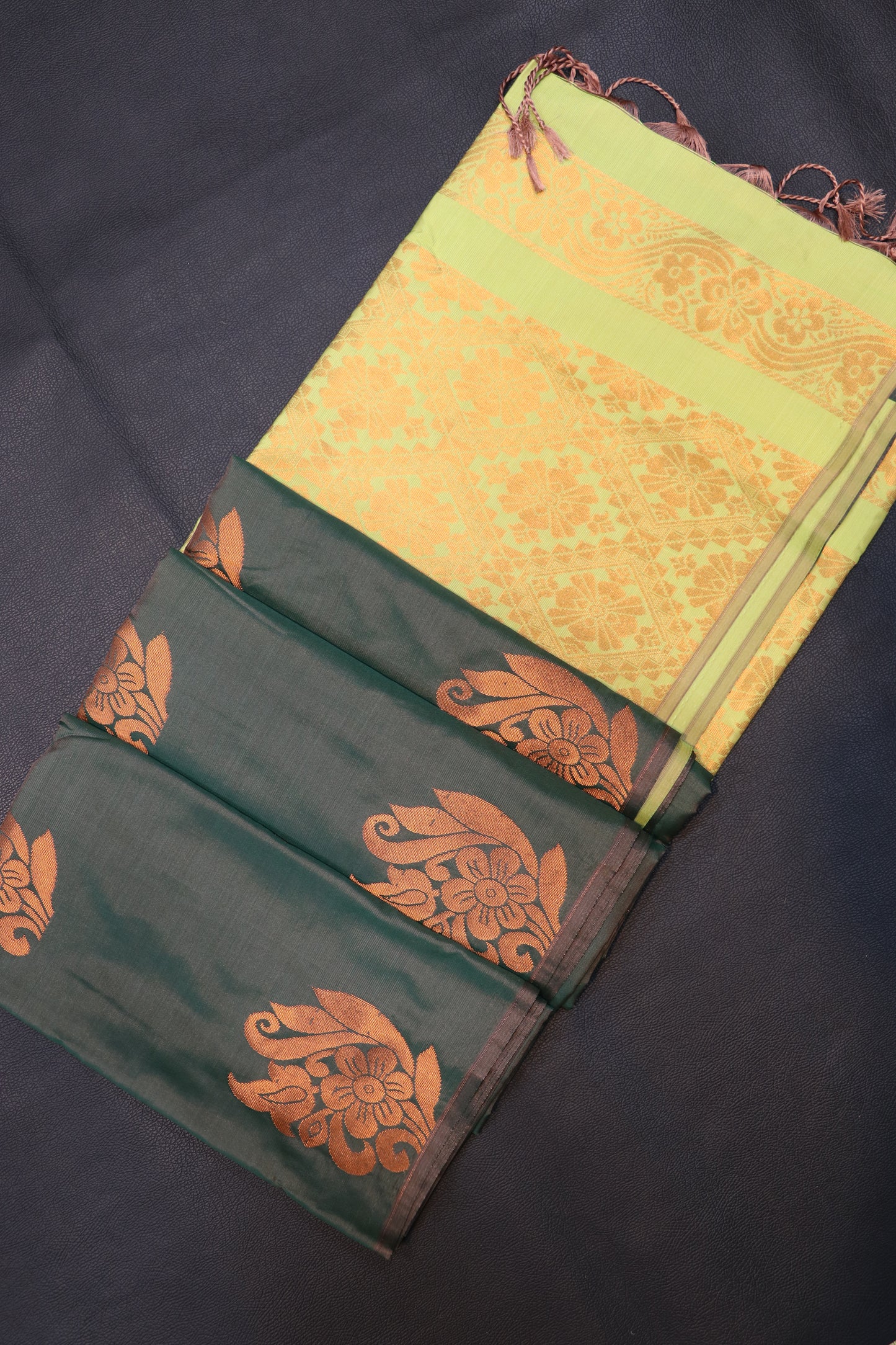 Royal Bottle Green & Pastel Yellow Semi Soft Silk Saree with Floral Zari Weaving Collection