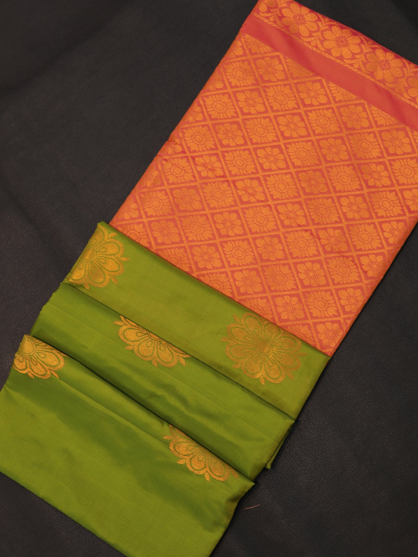 Grand Parrot Green & Coral Pink Semi Soft Silk Saree with Rich Floral Zari Woven Pallu