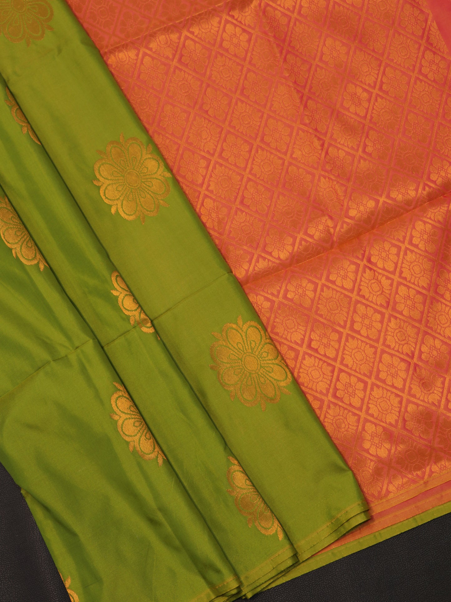 Grand Parrot Green & Coral Pink Semi Soft Silk Saree with Rich Floral Zari Woven Pallu