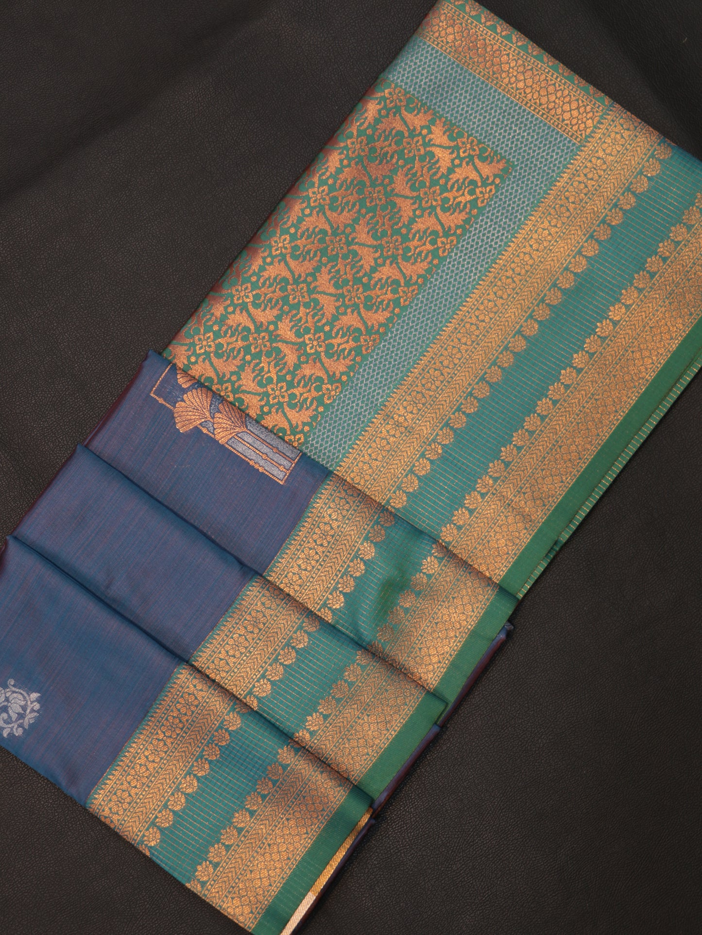 Royal Blue Semi Soft Silk Saree with Teal Green Floral Zari Brocade Designer Pallu