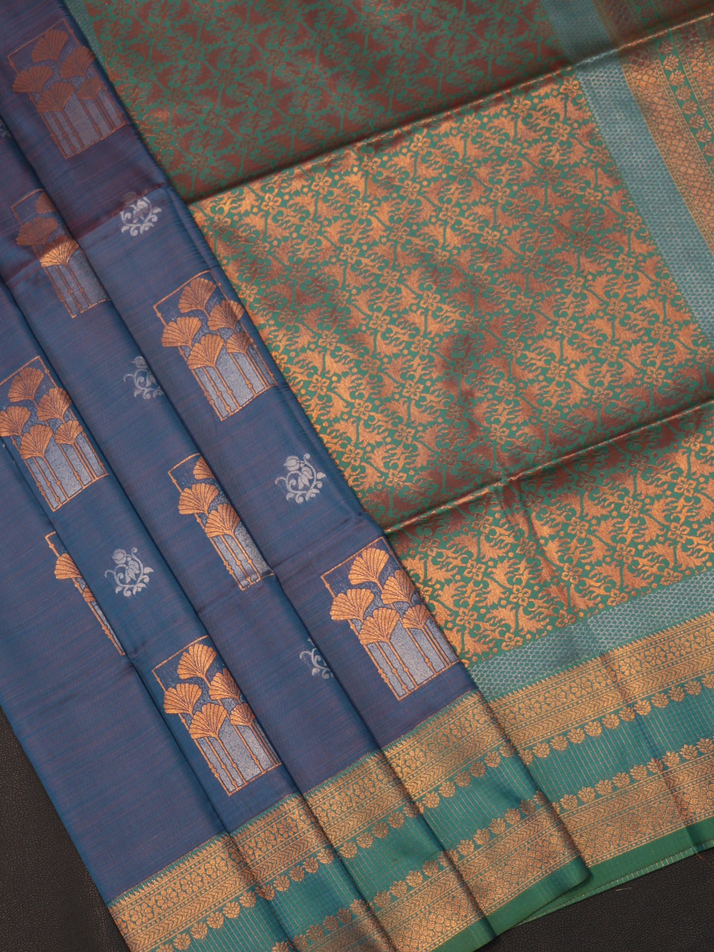 Royal Blue Semi Soft Silk Saree with Teal Green Floral Zari Brocade Designer Pallu