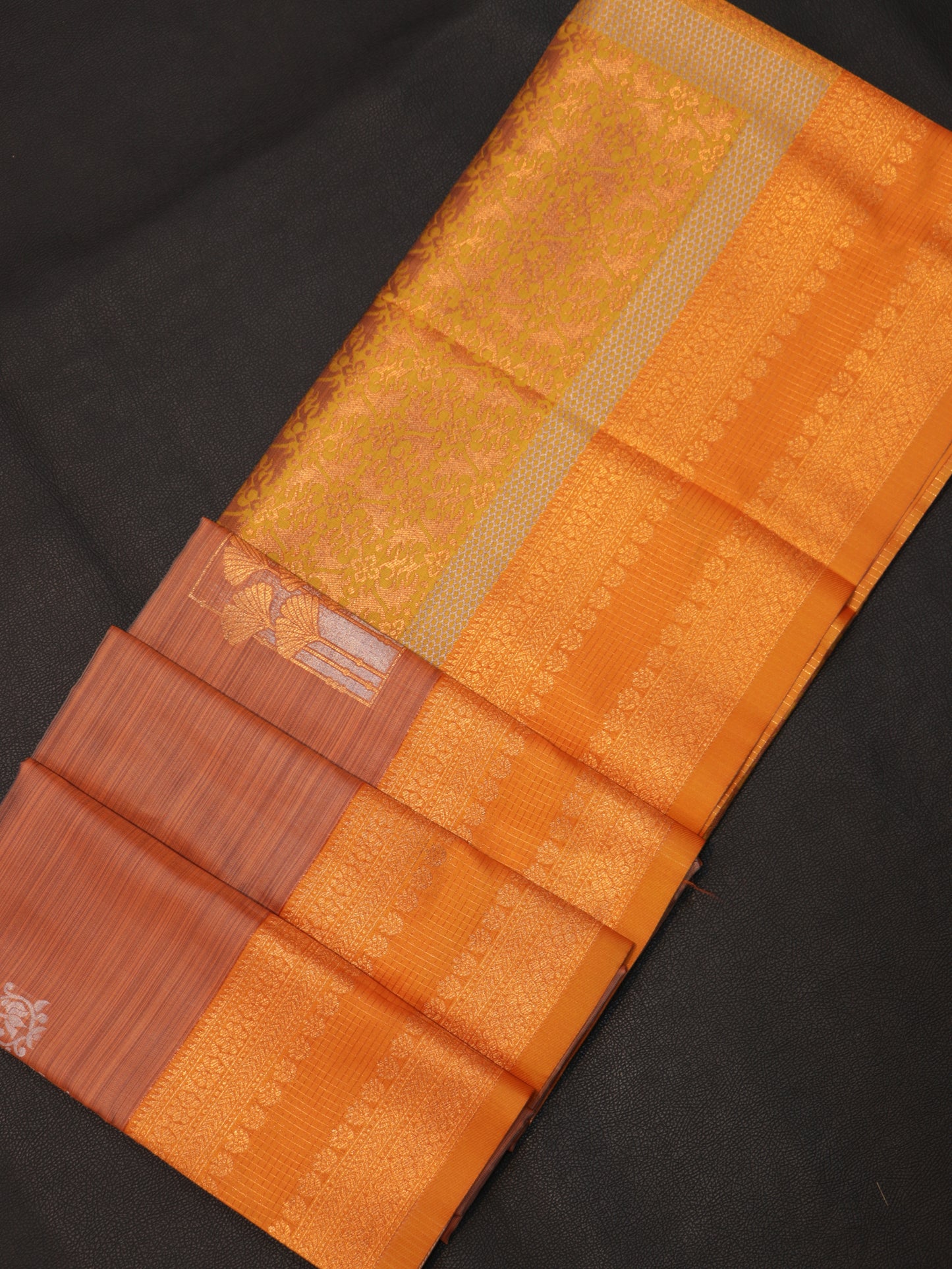 Rust Orange Semi Soft Silk Saree with Mustard Gold Zari Brocade Grand Designer Pallu