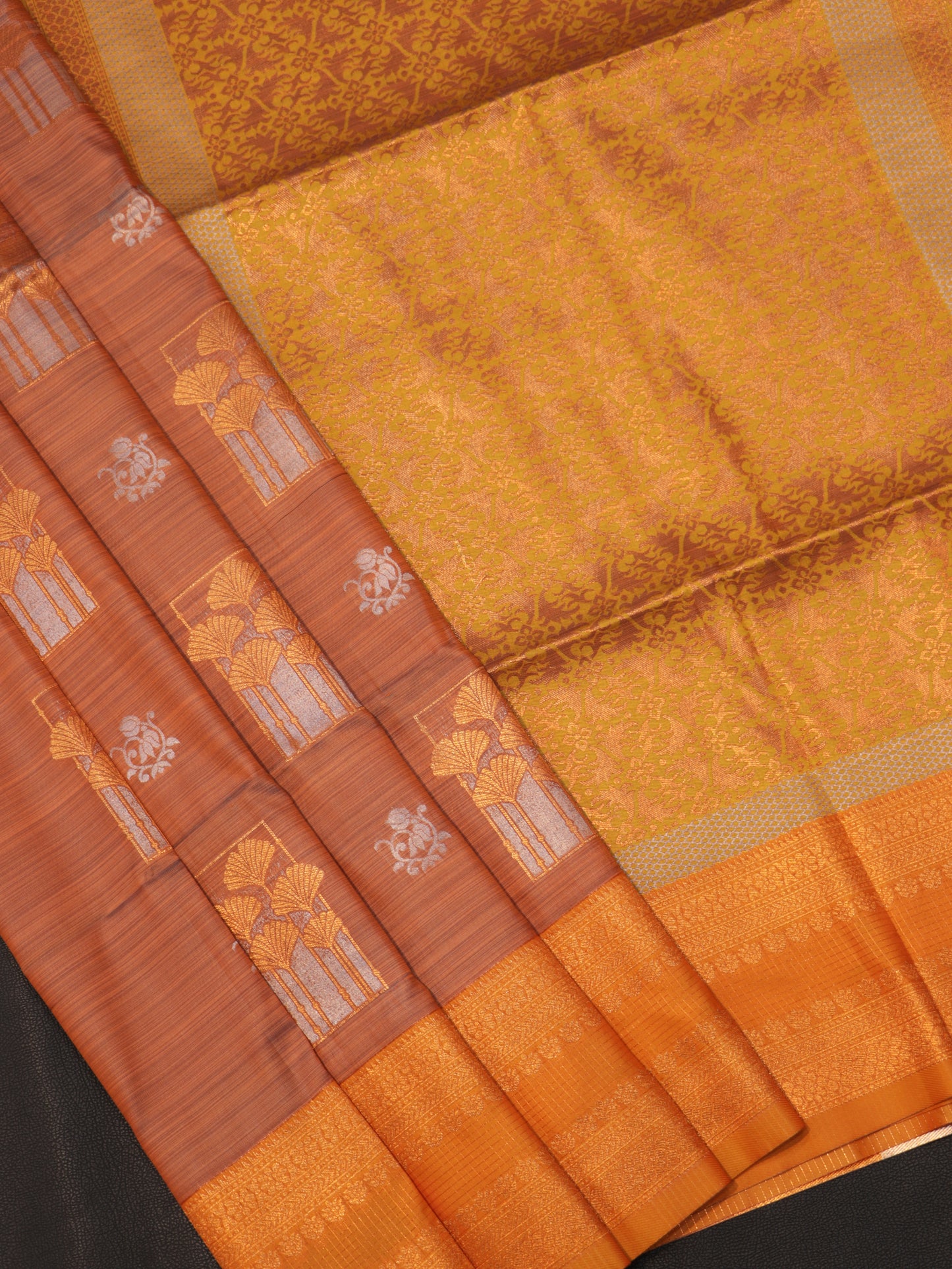 Rust Orange Semi Soft Silk Saree with Mustard Gold Zari Brocade Grand Designer Pallu
