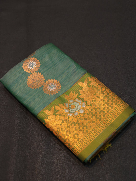 Emerald Green Semi Soft Silk Saree with Antique Gold Floral Zari Brocade Grand Pallu