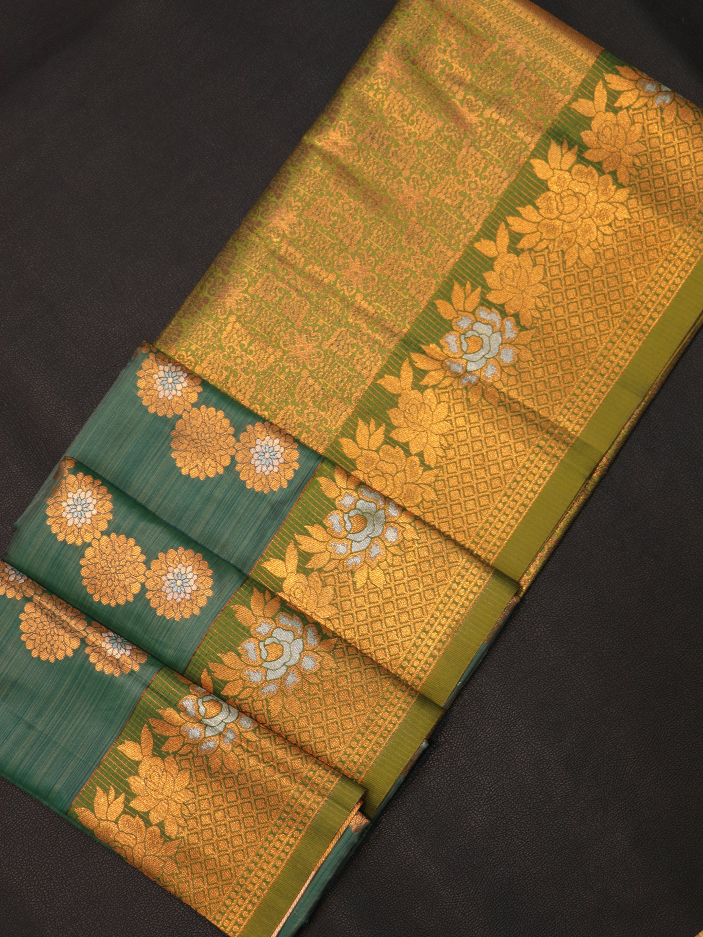 Emerald Green Semi Soft Silk Saree with Antique Gold Floral Zari Brocade Grand Pallu