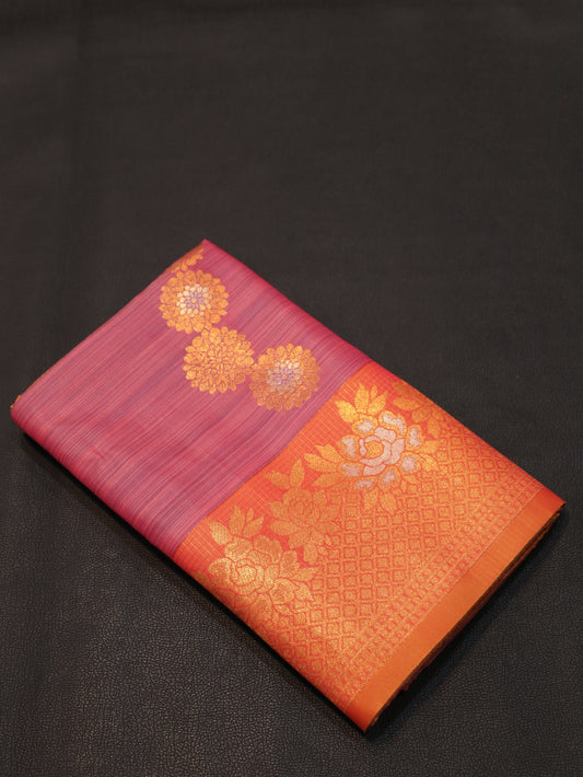 Rose Pink Semi Soft Silk Saree with Sunset Orange Floral Zari Brocade Grand Designer Pallu