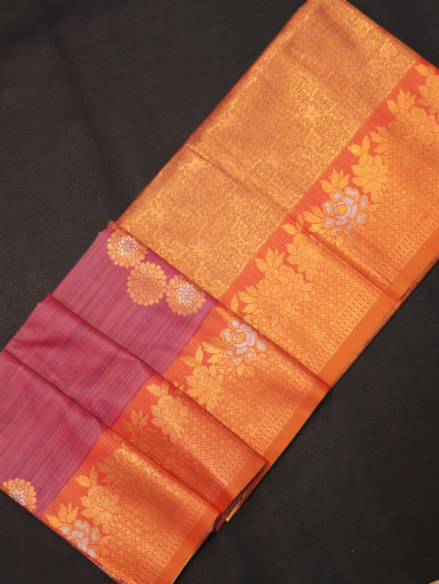 Rose Pink Semi Soft Silk Saree with Sunset Orange Floral Zari Brocade Grand Designer Pallu