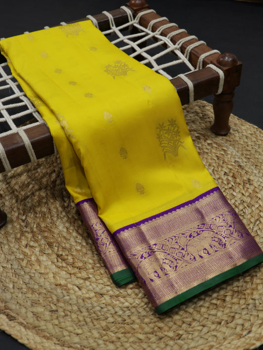 Sunshine Yellow Kanchipuram Silk Saree with Royal Purple Zari Elephant Border & Grand Pallu