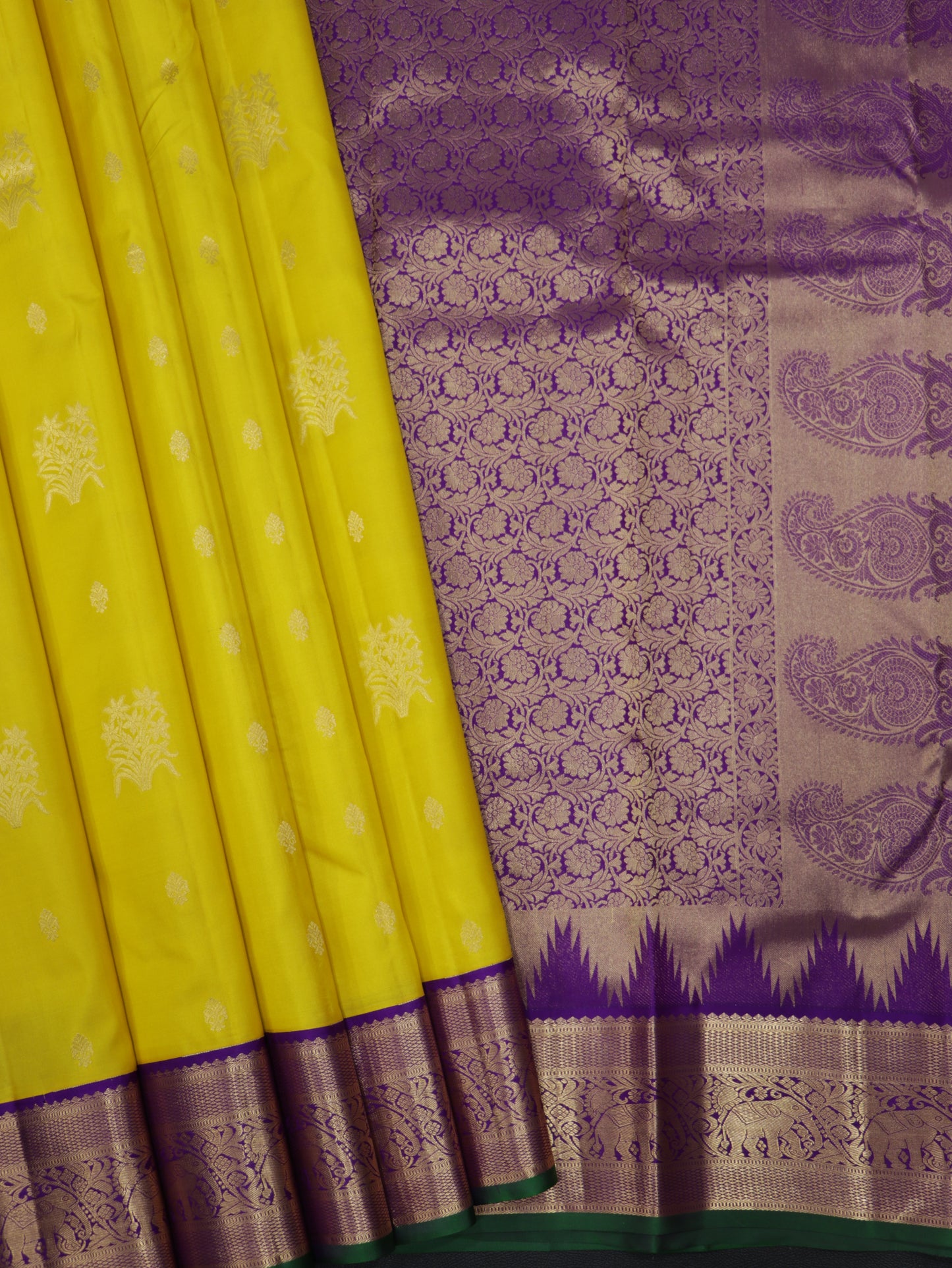 Sunshine Yellow Kanchipuram Silk Saree with Royal Purple Zari Elephant Border & Grand Pallu