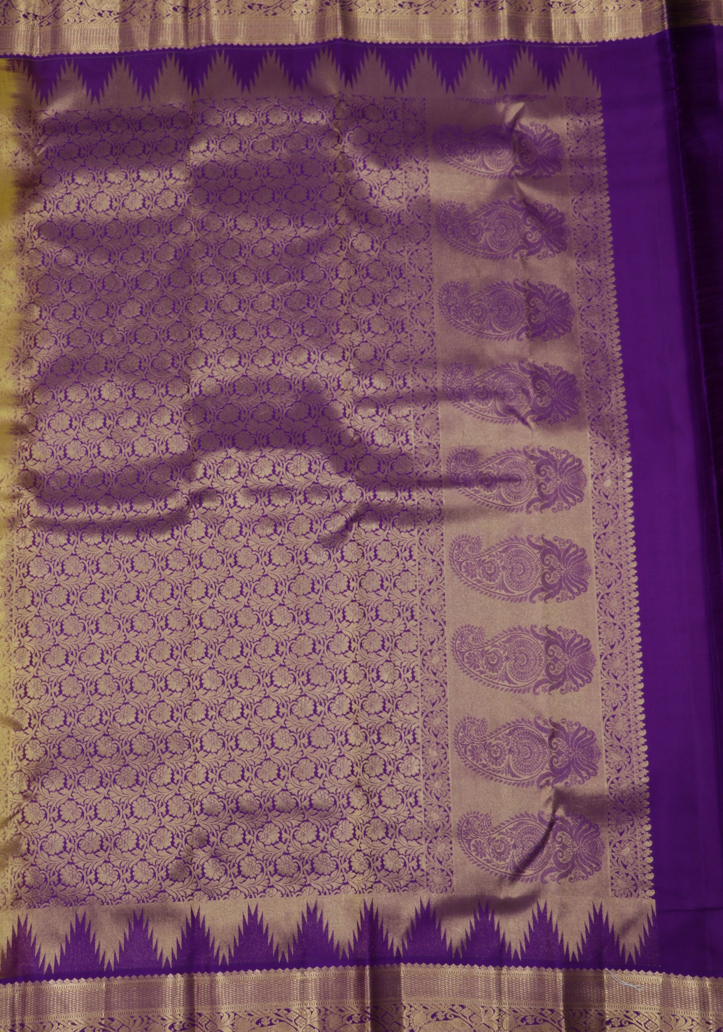 Sunshine Yellow Kanchipuram Silk Saree with Royal Purple Zari Elephant Border & Grand Pallu