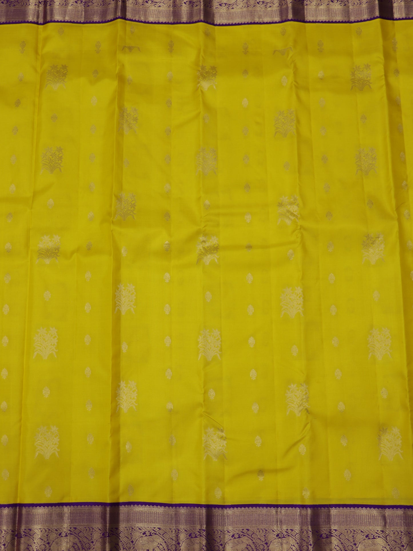 Sunshine Yellow Kanchipuram Silk Saree with Royal Purple Zari Elephant Border & Grand Pallu