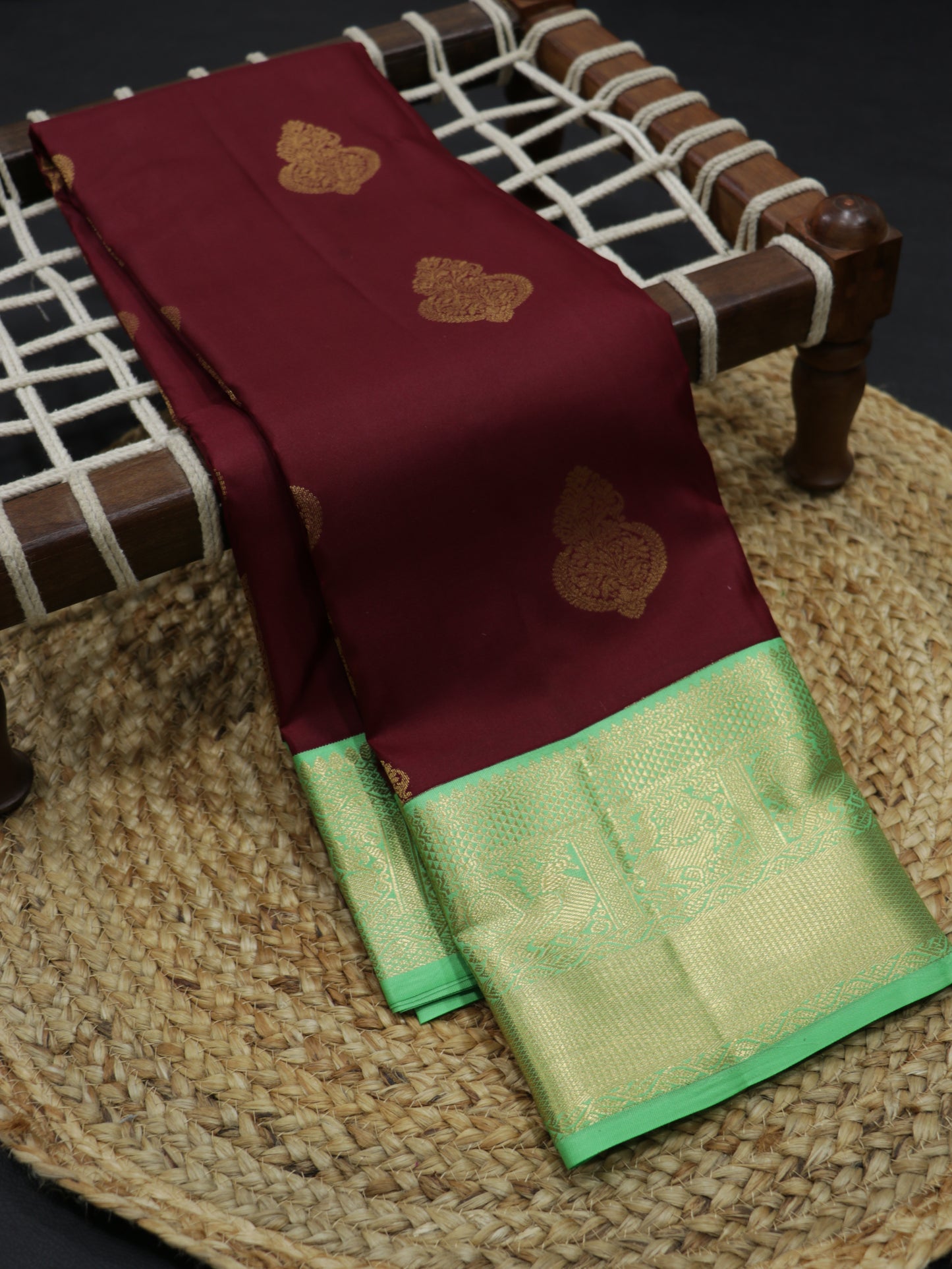 Wine Maroon Kanchipuram Semi Soft Silk Saree with Mint Green Korvai Border & Zari Buttas