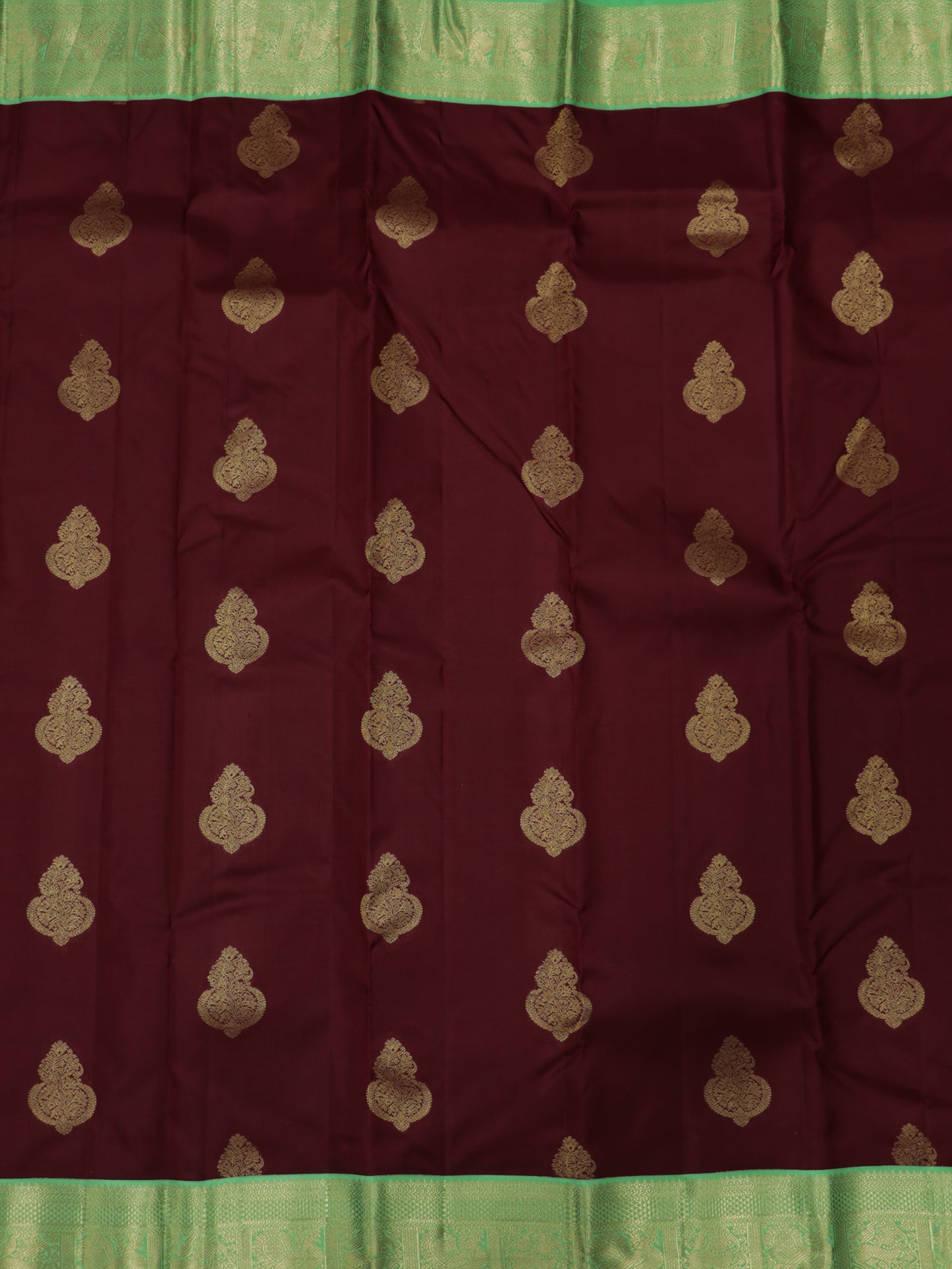 Wine Maroon Kanchipuram Semi Soft Silk Saree with Mint Green Korvai Border & Zari Buttas