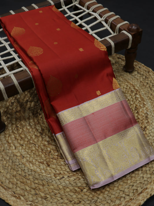 Ruby Red Kanchipuram Semi Soft Silk Saree with Off White Zari Pallu & Pink Korvai Border