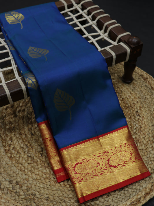 Royal Blue Kanchipuram Semi Soft Silk Saree with Maroon Korvai Border & Rich Zari Pallu