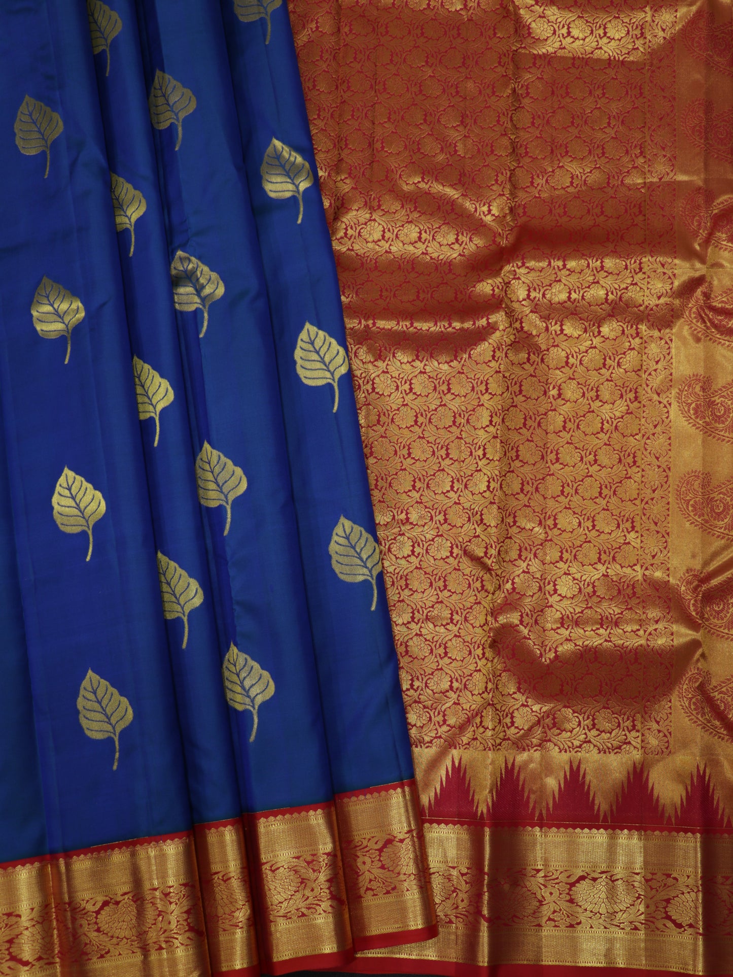 Royal Blue Kanchipuram Semi Soft Silk Saree with Maroon Korvai Border & Rich Zari Pallu