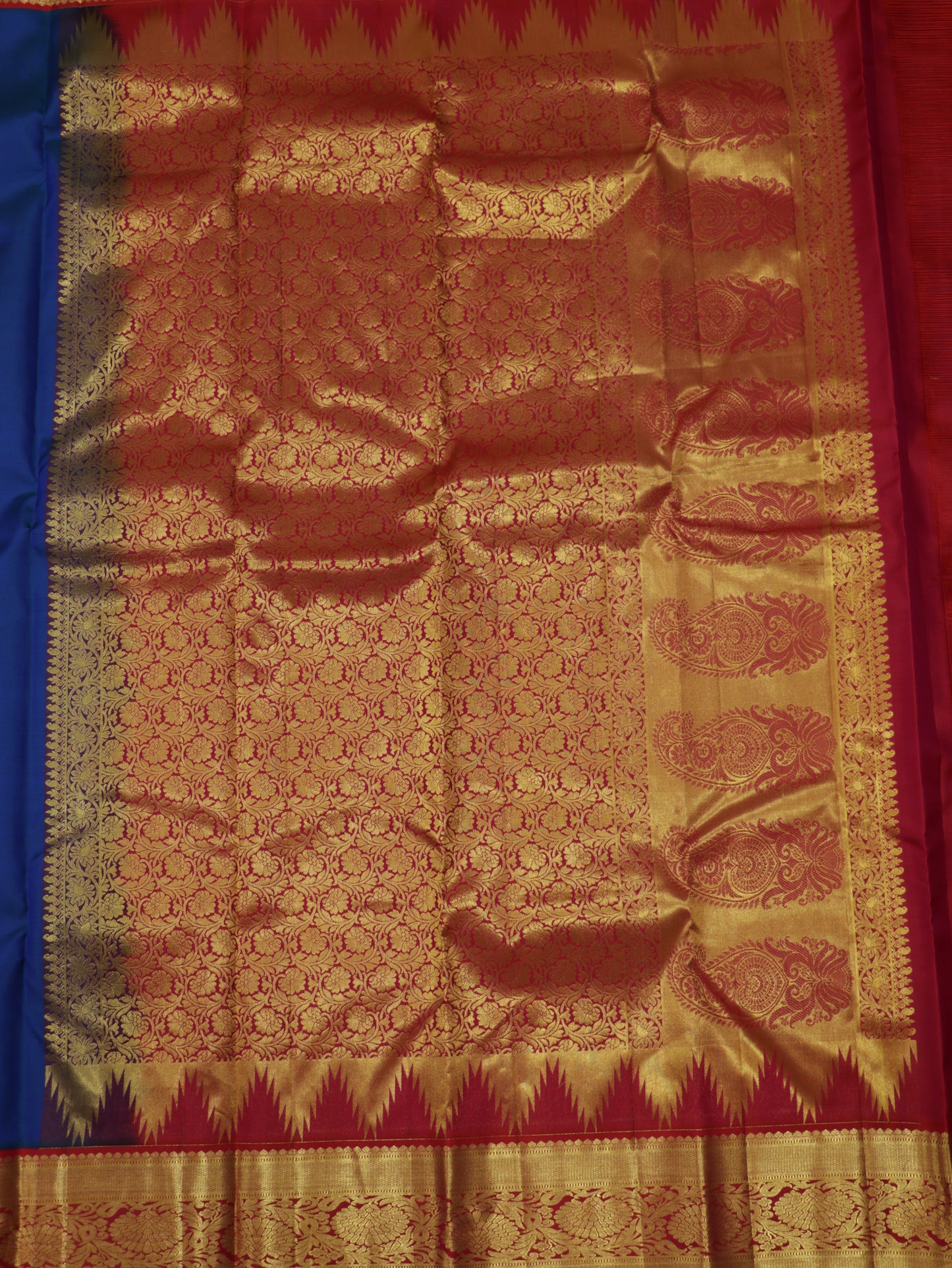 Royal Blue Kanchipuram Semi Soft Silk Saree with Maroon Korvai Border & Rich Zari Pallu