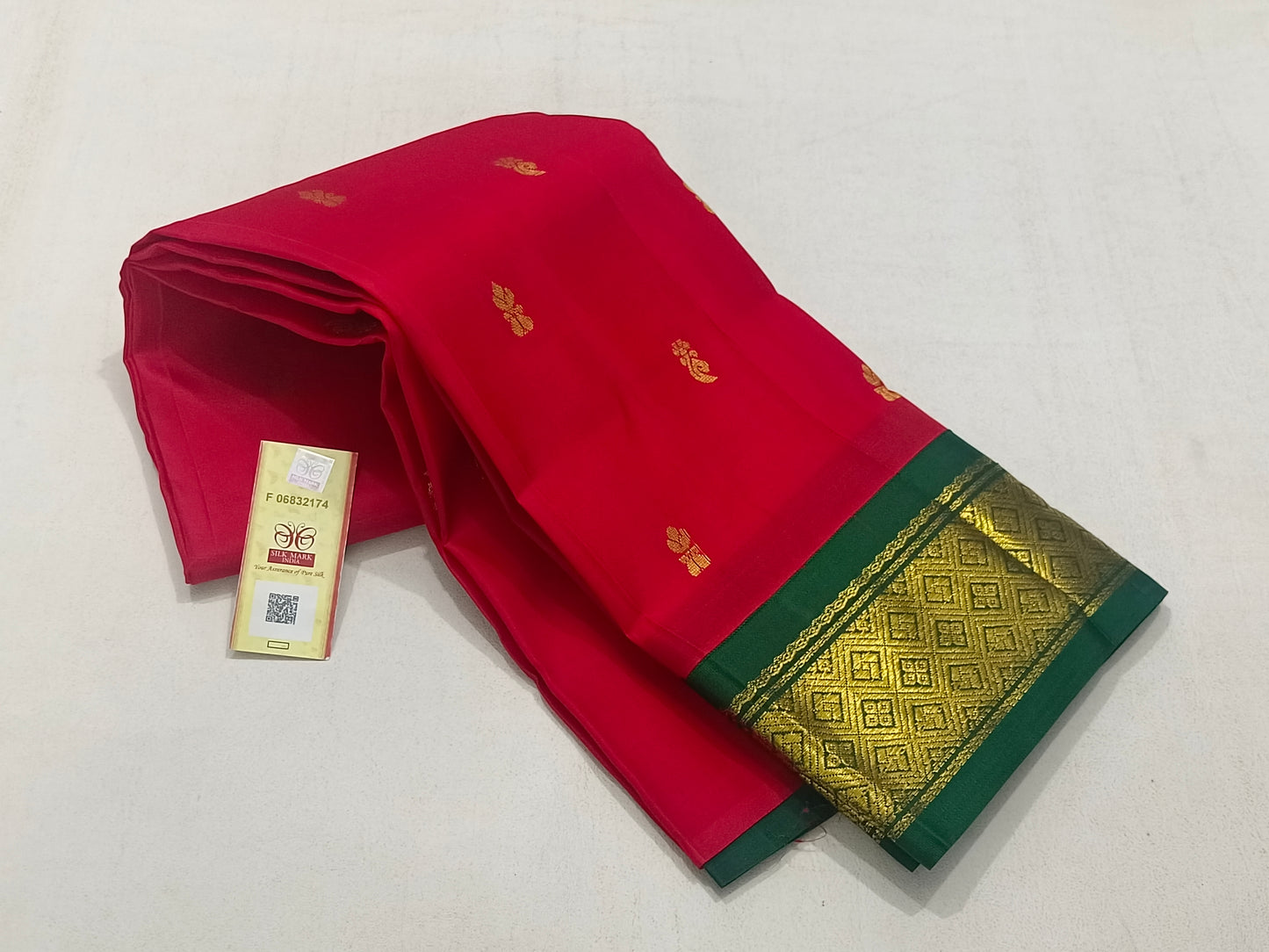 Traditional Red Pure Kanchipuram Silk with Green border