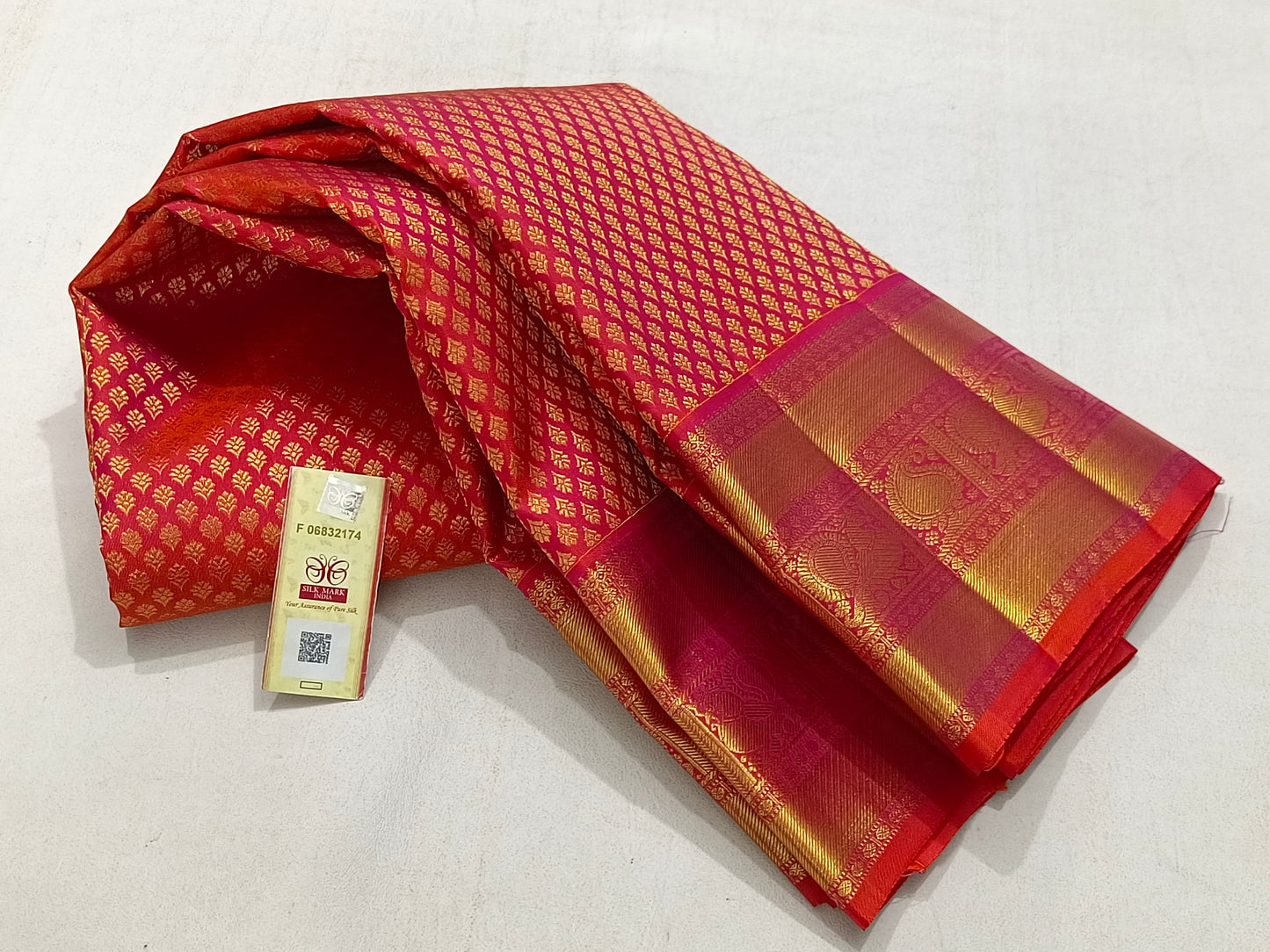 Orangish Pink Wedding Saree In Pure Kanchipuram Silk With Zari Border