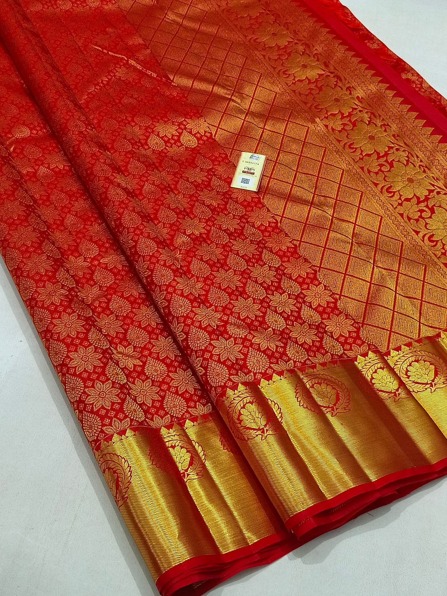 Red Wedding Saree In Pure Kanchipuram Silk With Zari Border