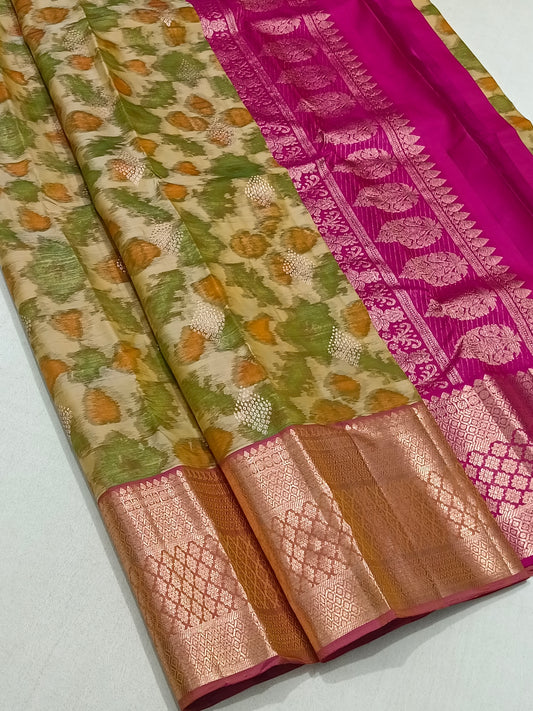 Pochampally Cream And Pink Silk Saree