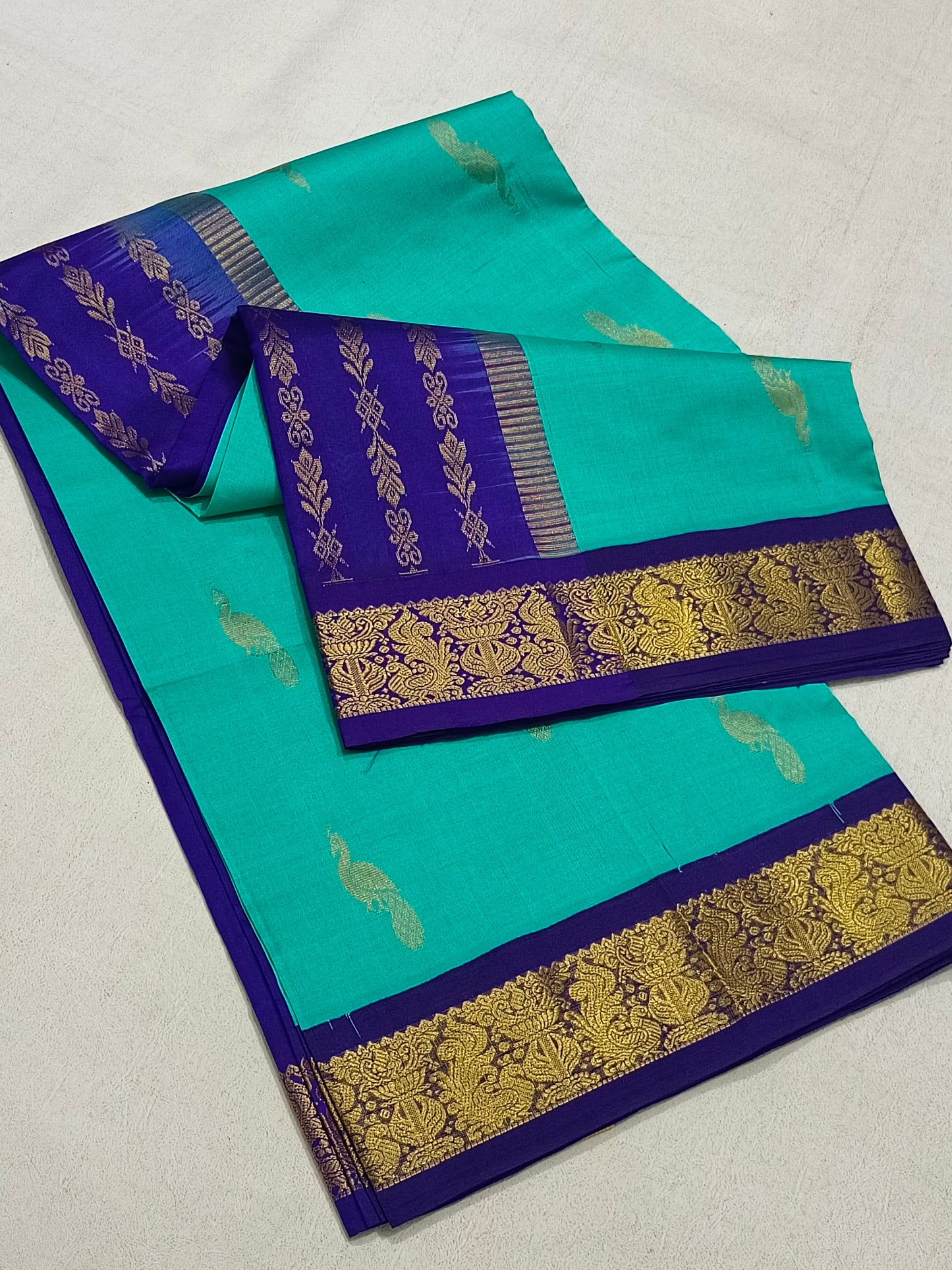 Teal And Blue Silk Cotton Saree