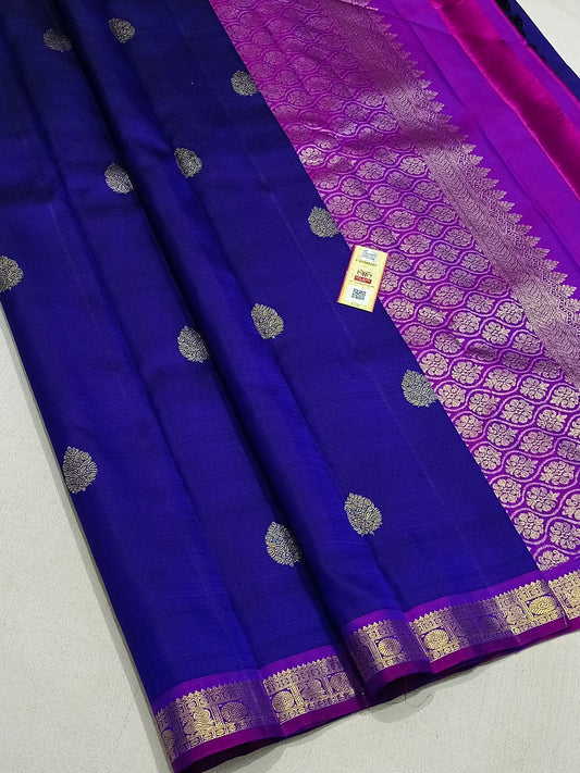 Traditional blue kanchipuram silk saree with purple border