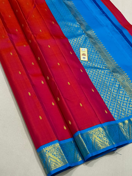 Traditional red kanchipuram silk saree with blue border